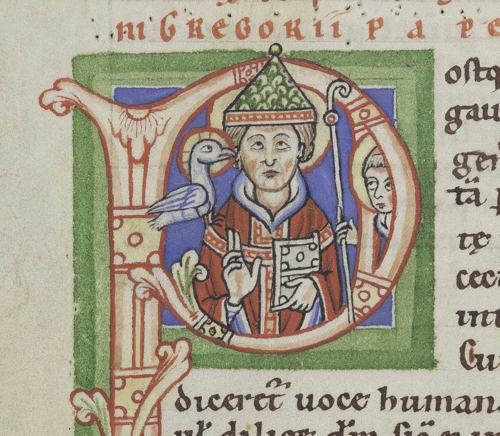 Der Heilige Geist inspiriert Papst Gregor I. in Gestalt einer Taube ([Cod. Guelf. 903 Helmst.](https://hab.bodleian.ox.ac.uk/en/image-viewer/?manifest=https://iiif.hab.de/object/mss_903-helmst/manifest.json), fol. 75v, Beginn 4. Viertel 12. Jh)